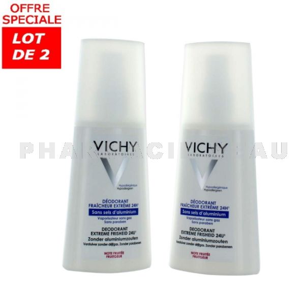 VICHY Déodorant Fraicheur Extrème Note Fruitée Sans Sels d'Aluminium 100 ml lot de 2