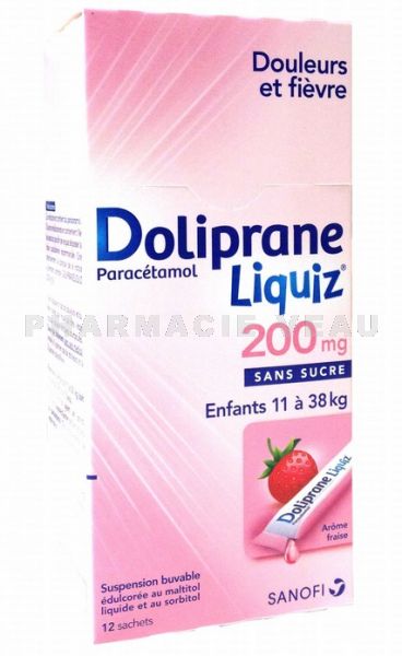 DOLIPRANE Liquiz Sans Sucre 200 mg FRAISE (12 sachets 11-38kg) 