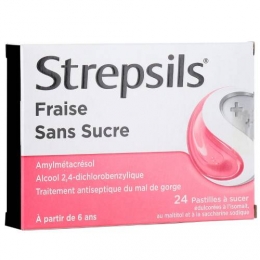STREPSILS FRAISE Sans Sucre boite de 24 pastilles