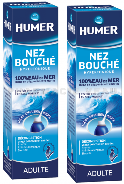 HUMER Spray nasal Nez Bouché Eau de Mer Hypertonique Adulte (Lot 2 sprays x 50 ml)