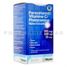 Paracétamol/ Vitamine C/ Phéniramine MYLAN - 8 sachets poudre générique FERVEX