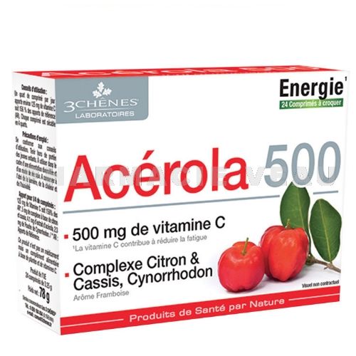 ACEROLA 500 Vitamine C - Arôme Framboise - 3 Chênes (24 comprimés à croquer)
