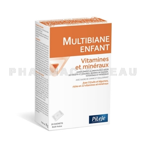 MULTIBIANE Enfants Vitamines et minéraux (20 sachets goût Fraise) Pileje