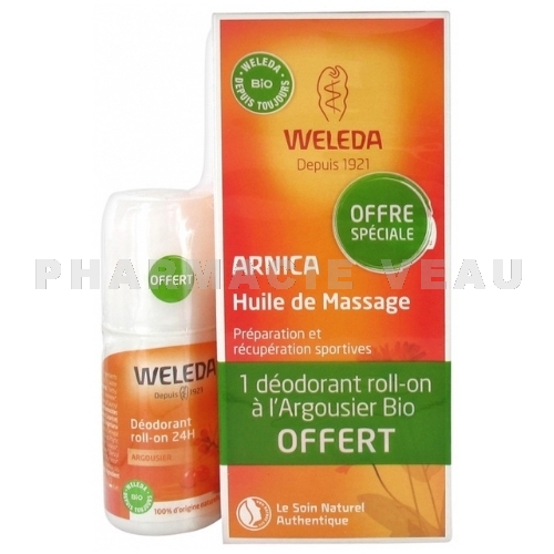 WELEDA Huile de massage Arnica 200 ml + Déo roll-on Argousier 50 ml Offert
