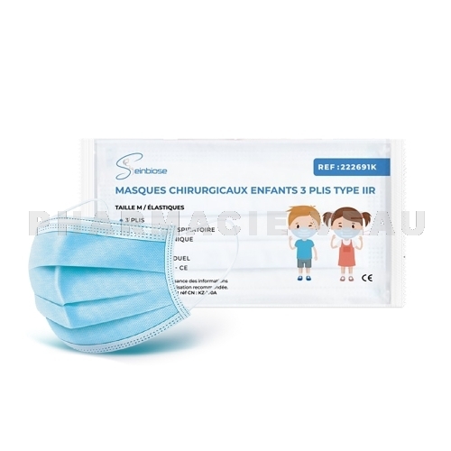 Masques chirurgicaux enfants 3 plis IIR (x50) Seinbiose - Pharmacie Veau