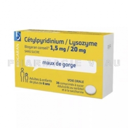 Biogaran Cétylpyridinium 1,5 mg / Lysozyme 20 mg Sans Sucre 36 comprimés