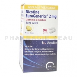 Nicotine EuroGenerics 2 mg 96 Gommes à Mâcher Citron Sans Sucre EG Labo
