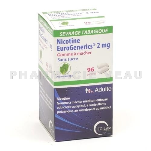 Nicotine EuroGenerics 2 mg 96 Gommes à Mâcher Menthe Sans Sucre EG Labo