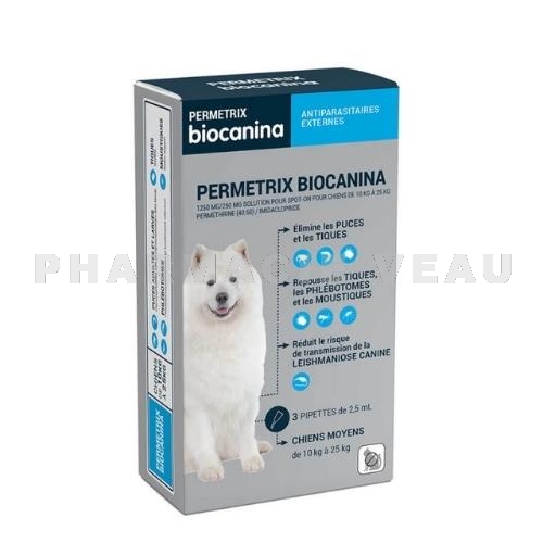 BIOCANINA - Permetrix Antiparasitaires Externes Chiens Moyens 3 pipettes 2,5 ml