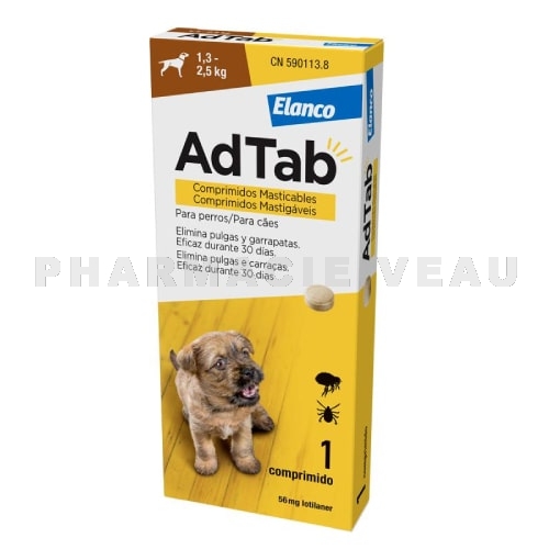 AdTab - Comprimés à Croquer Anti-Puces Anti-Tiques - Chien 1.3 à 2.5kg - 3  Comprimés - Pharmacie Veau