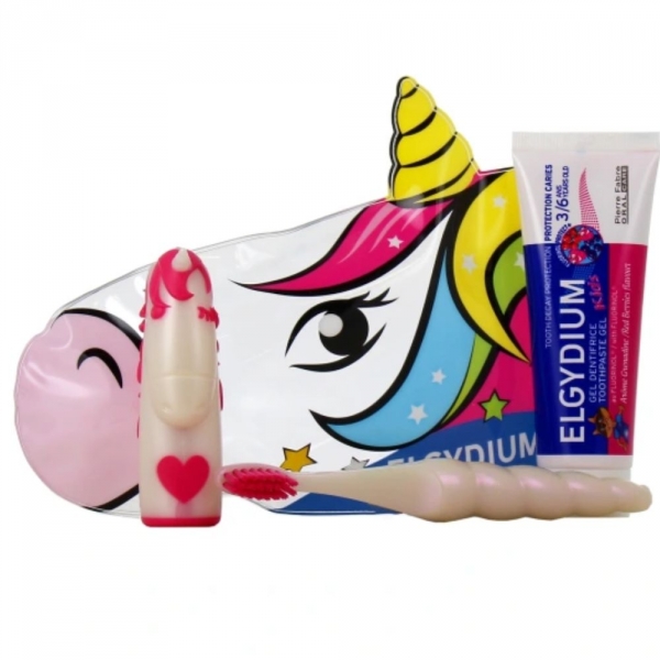 ELGYDIUM - Trousse de Voyage Kids Licorne - 1 Brosse à Dents + 1 Dentrifice 50ml